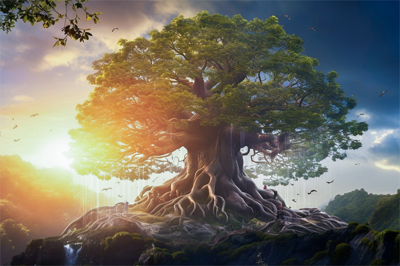 A beautiful tree growing on a mountain with a sunset behind.